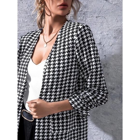 Minimalist Business Casual Open Front Houndstooth Blazer black white - Picture 4 of 5